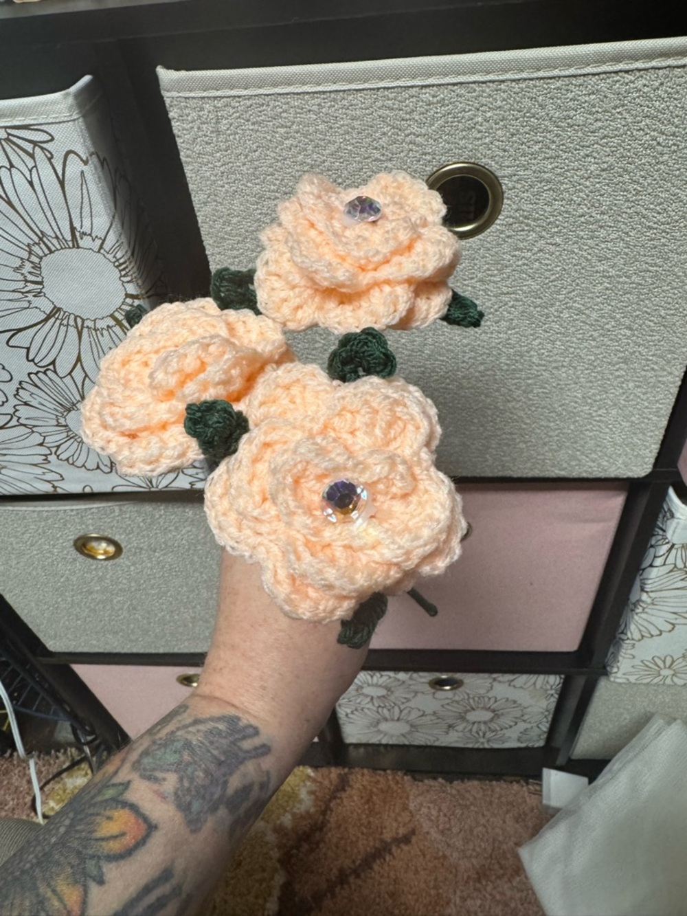 Handmade Peach Crochet Flower Stem - Decorative Bundle